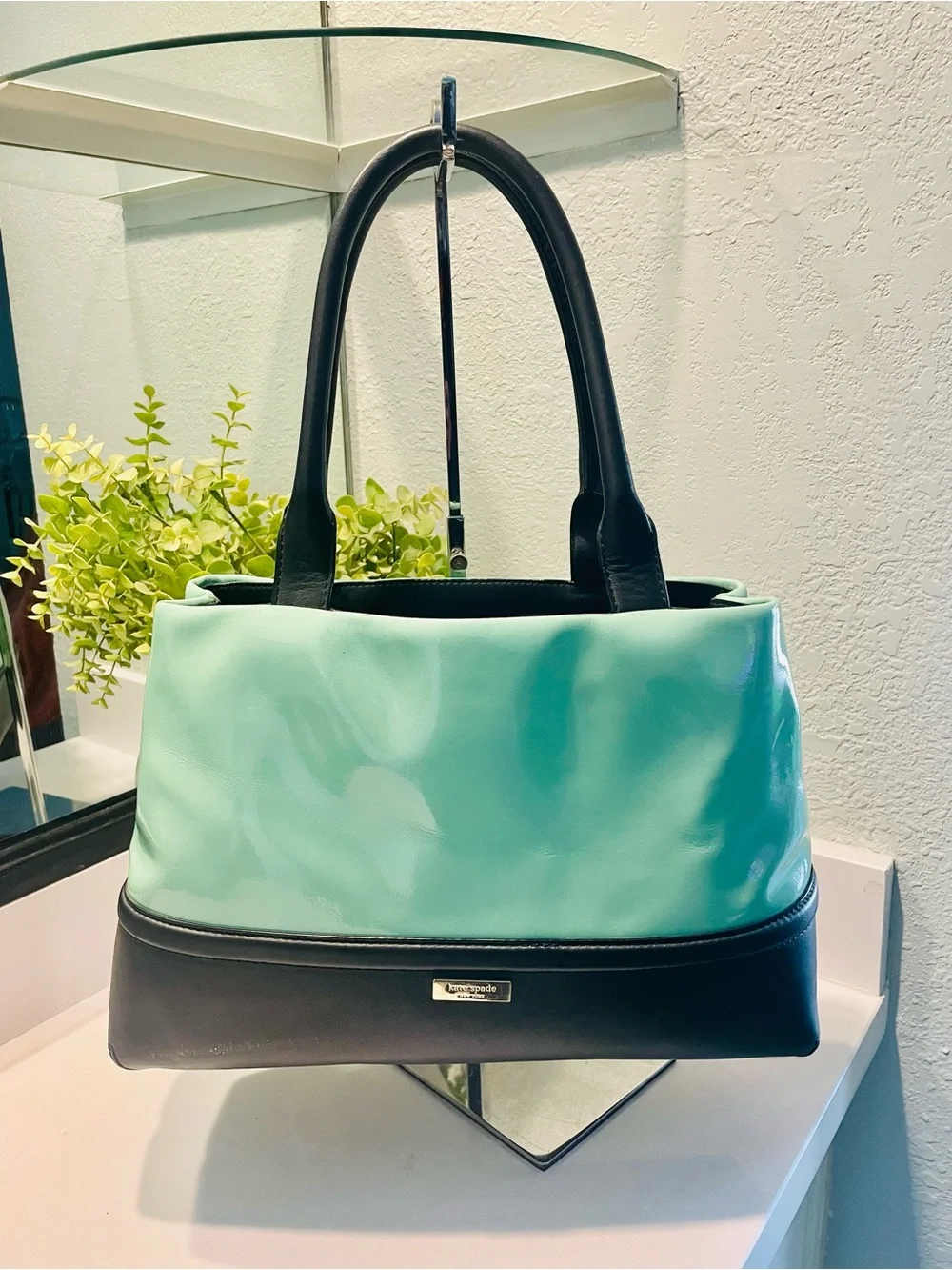Kate Spade Elena Chelsea Park Coastline Retro Patent Leather Bag Mint & Black